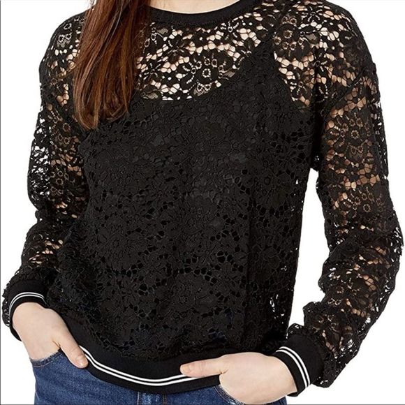 Three Dots x Anthropologie Black Sheer Floral Lace Crewneck Top Small - Picture 1 of 7